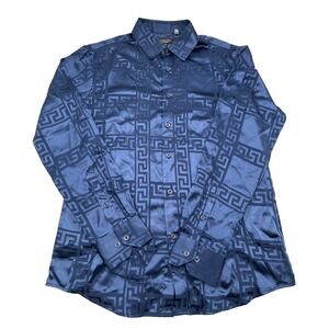 PAVINI by Rocco Ravalli Sz S Men's Satin Button-Up Shirt Blue‎ Geometric Pattern